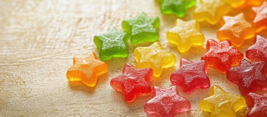 Vibrant star-shaped gummy candies in assorted colors on a wooden surface with empty space for customizable text or branding.
