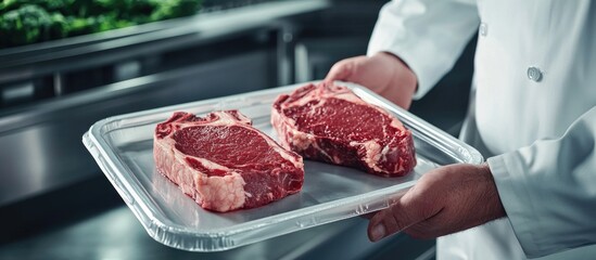 Butcher presenting premium ribeye steaks on a plastic tray showcasing high-quality marbling in a professional kitchen setting.