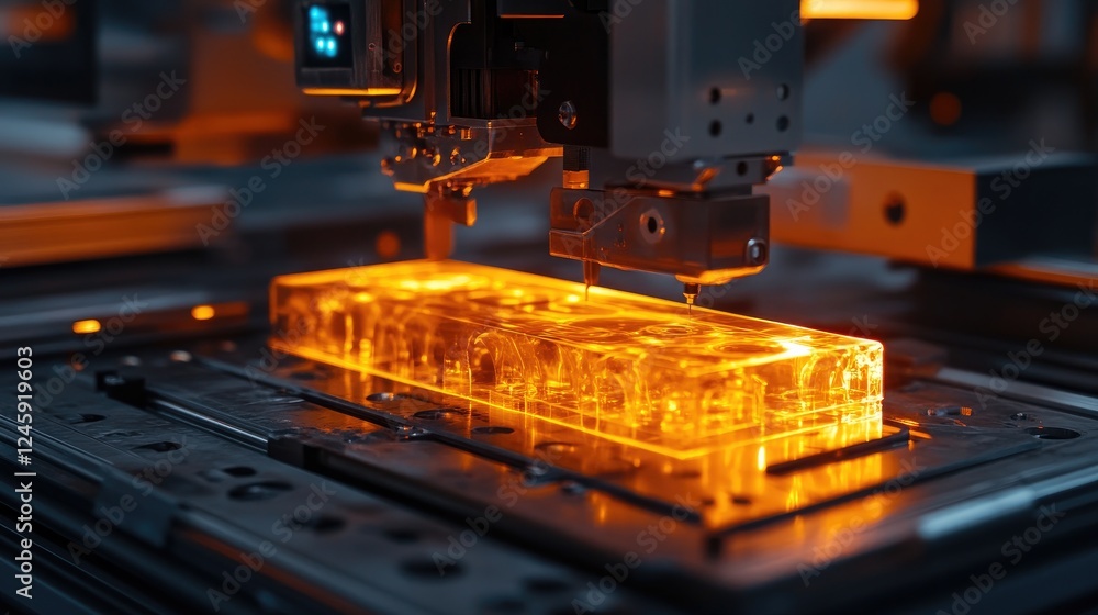 Poster an industrial machine working on metal parts, with glowing components and a close-up of the precisio