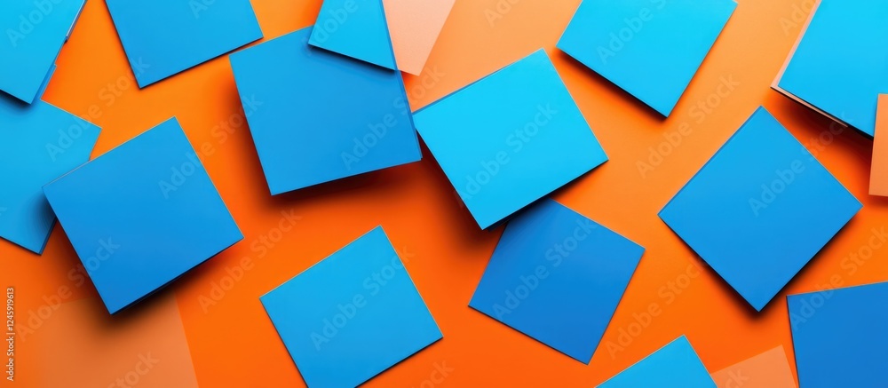 Poster blue blank sticky notes on a vibrant orange background ideal for adding personalized text or creativ