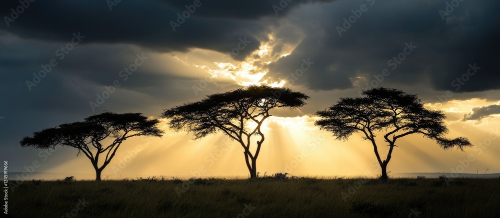Poster silhouetted tree branches under a dramatic cloudy sky with rays of sunlight illuminating the landsca