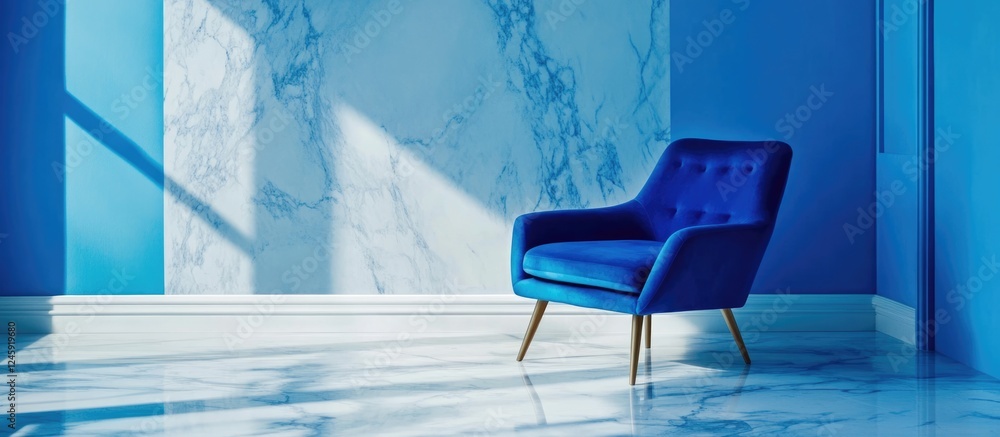 Poster blue armchair and cushion positioned against a marble and blue backdrop with ample empty space for t