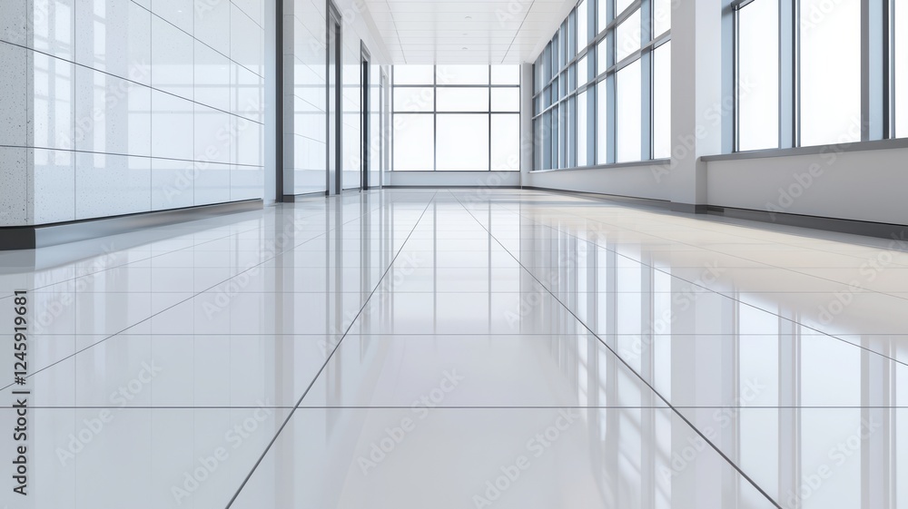 Poster a modern, bright hallway with shiny tiles and large windows, creating an open and spacious atmospher