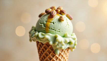 Pistachio ice cream in waffle cone against blurred background