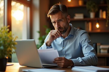 Office Attire. Thoughtful businessman with beard reading documents ind