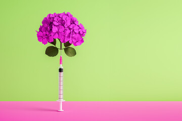 A syringe releasing a bouquet of flowers, set against a smooth, pastel green background.