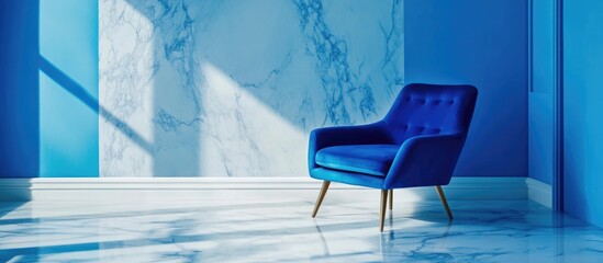 Blue armchair and cushion positioned against a marble and blue backdrop with ample empty space for text and design elements.