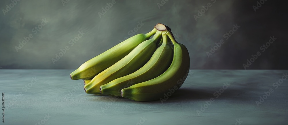 Poster Fresh green bananas arranged on a textured surface with a subtle grey background highlighting their natural color and freshness.