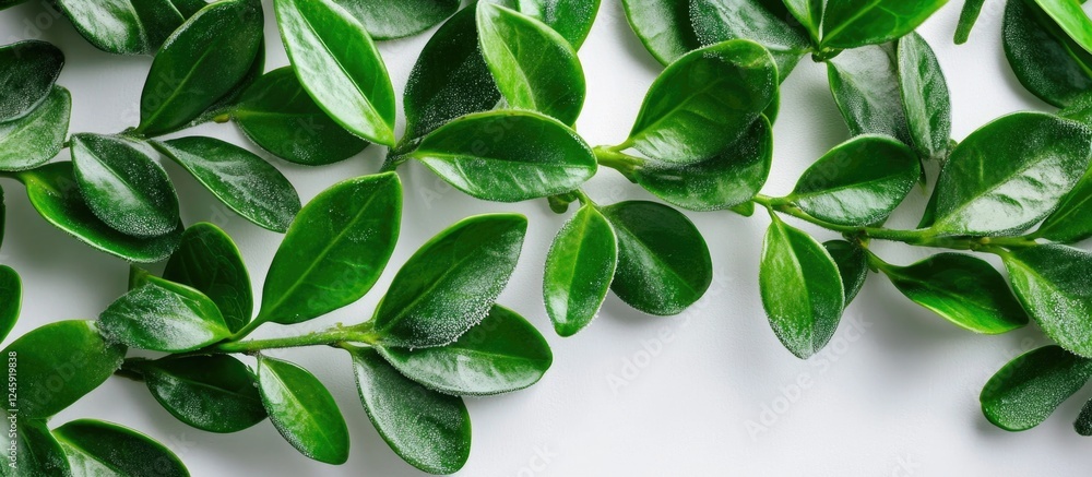 Poster frosted boxwood branches with vibrant green leaves arranged in a top view composition on a light bac