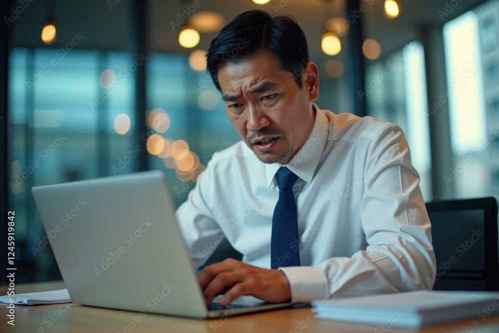Poster man is sitting at table with laptop computer