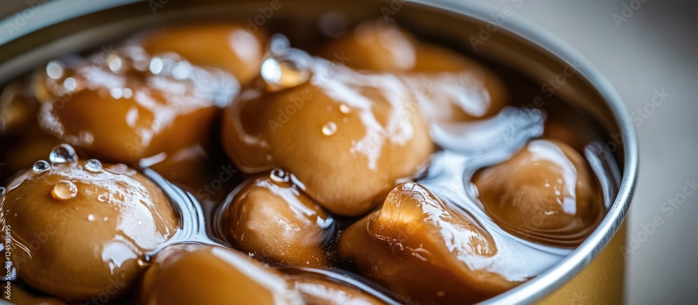 Aufkleber canned whole champignon mushrooms in brine showcasing a close-up of their glossy texture and vibrant