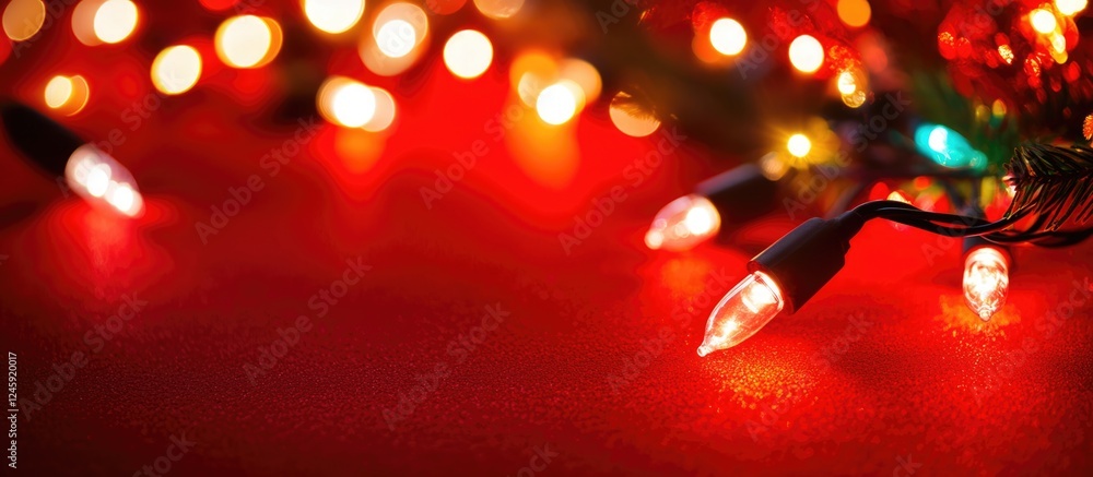Poster bokeh christmas lights in soft focus against a vibrant red background creating a festive and warm am