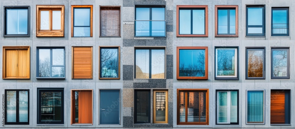 Poster modern architectural facade featuring various styles of windows and doors in a contemporary building