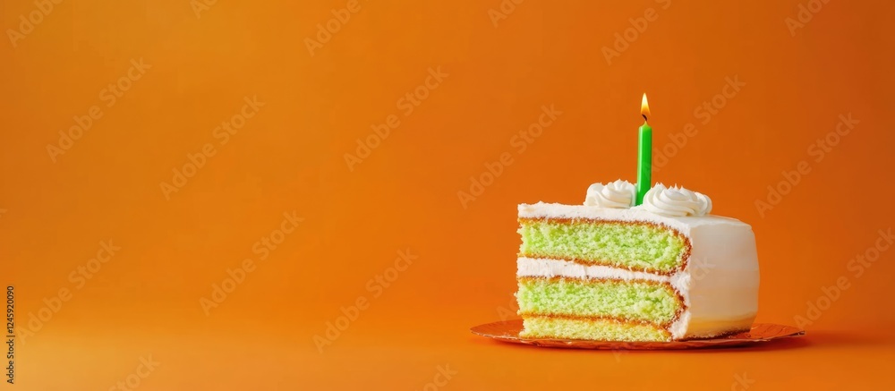 Poster colorful cake slice with a green candle on an orange background ideal for celebrations and invitatio
