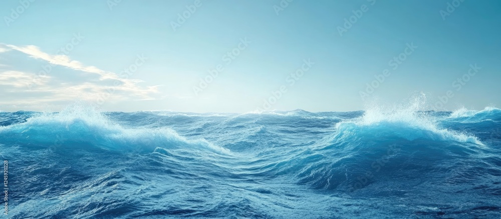 Poster Tranquil ocean waves under a clear blue sky with ample empty space for customizable text or branding elements