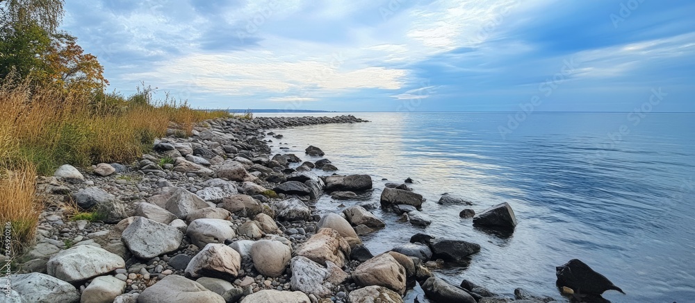 Poster serene rocky coastline with vibrant sky and tranquil waters featuring ample space for overlay text o