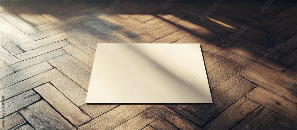 Poster blank paper sheet on wooden floor with natural light creating shadows for customizable text or desig