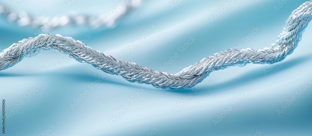 Poster braided silver cord elegantly draped on smooth blue satin fabric creating a sophisticated textile ba