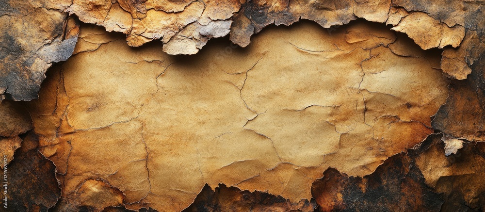 Poster Aged rustic parchment background with burnt edges and textured surface for vintage style designs and artistic projects.