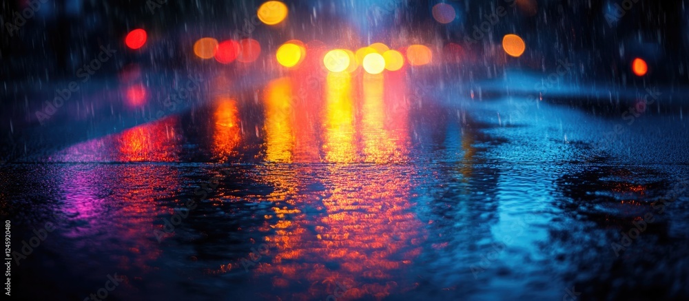 Poster blurred wet pavement reflecting colorful lights at night with rain creating a vibrant urban atmosphe
