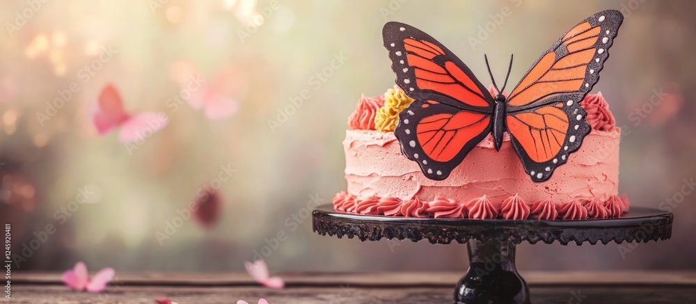 Poster Butterfly adorned cake ready for customization with space for text in a beautifully blurred background setting
