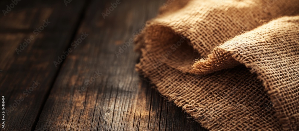 Poster burlap hessian fabric texture draped over rustic wooden surface creating a warm and earthy aesthetic