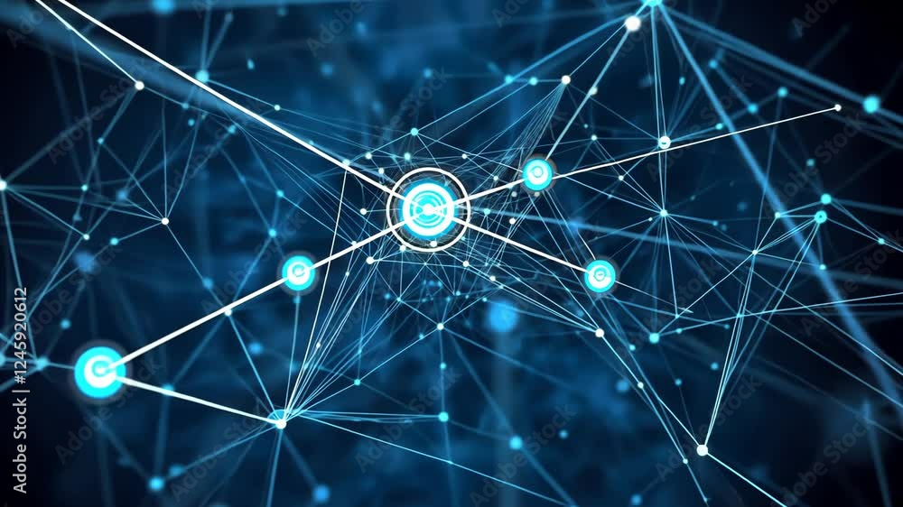 Poster dynamic network connections in futuristic digital interface with glowing nodes