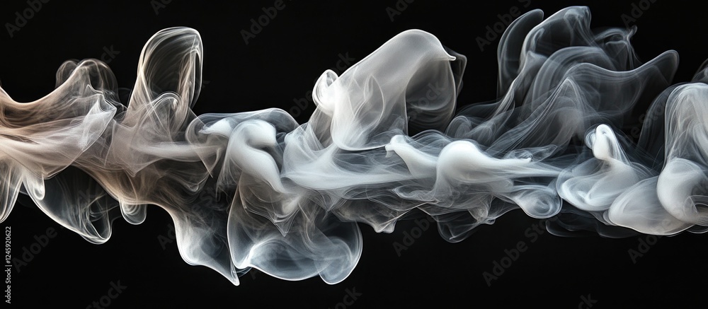 Poster Abstract white ink diffusion in water creating ethereal smoke patterns against a contrasting black background for artistic visualization.