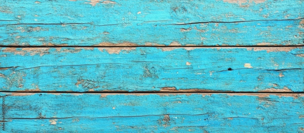 Poster Weathered blue wood surface with chipping paint and rustic texture ideal for backgrounds or design projects.