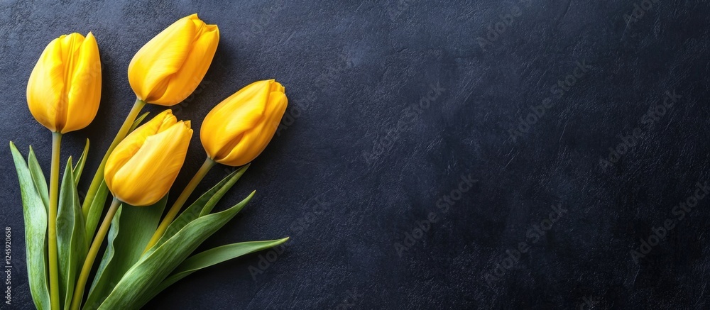 Poster bright yellow tulips arranged beautifully on dark background with ample copy space for elegant text 