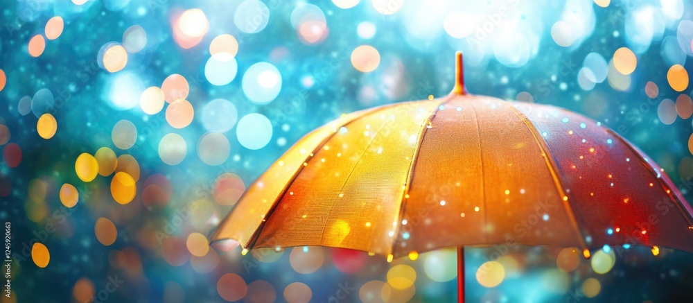 Poster colorful bokeh lights reflecting on a canvas umbrella creating a vibrant and dreamy atmosphere in a 