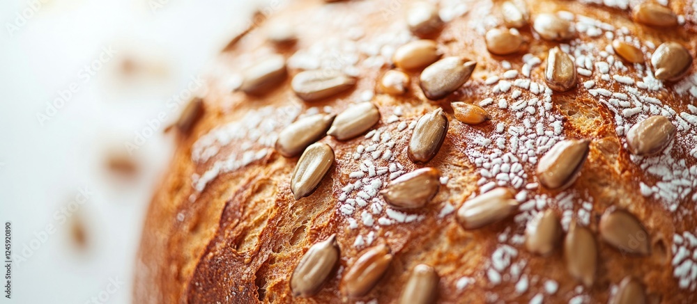 Poster freshly baked bread topped with sunflower seeds on a clean white background showcasing texture and d