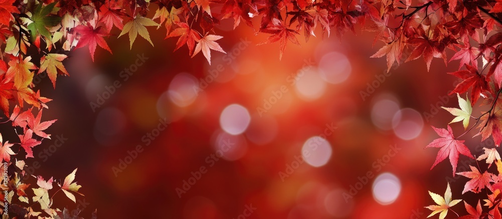 Poster colorful maple leaves border frame with copy space on a red bokeh background ideal for autumn-themed