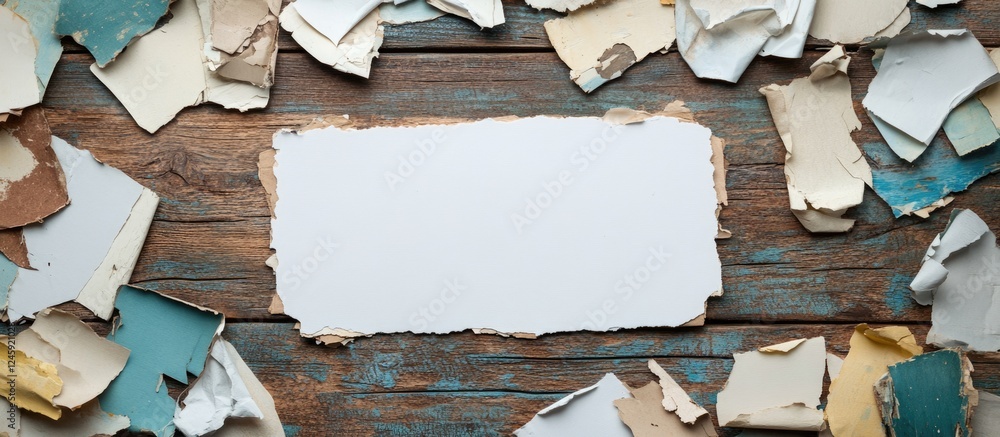 Poster Torn Paper Background with Blank Space for Text on Rustic Wooden Table