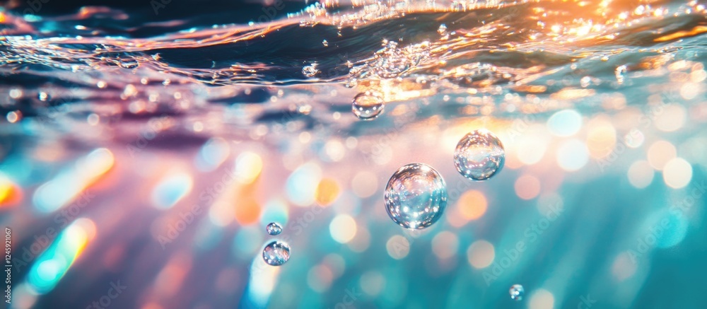 Poster Illuminated bubbles rising in clear water with soft reflections and colorful light patterns in a tranquil aquatic environment