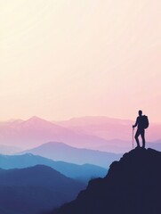 Silhouette of a hiker on mountain ridge during sunset with space for inspirational quotes. Generative AI