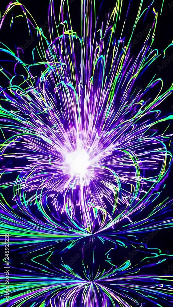 Poster an abstract explosion of radiant light trails converging at a central point.