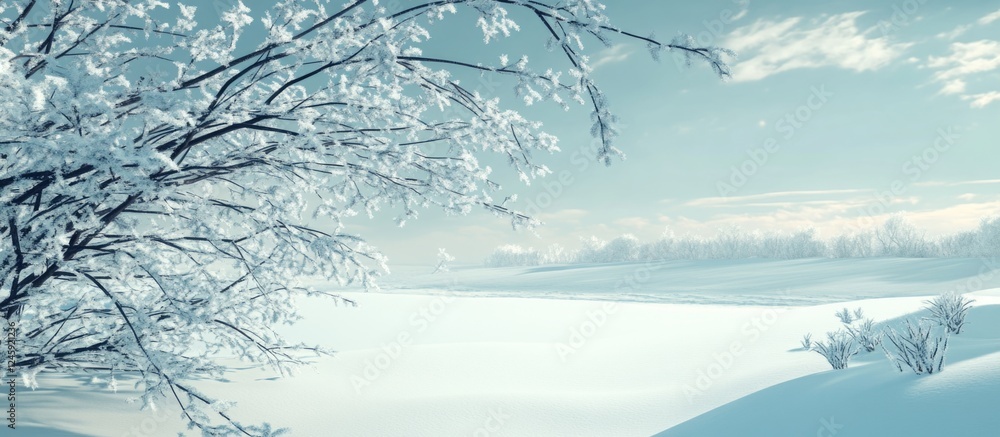 Poster snowy branches in a serene winter landscape with a blue sky and untouched snow-covered fields in the