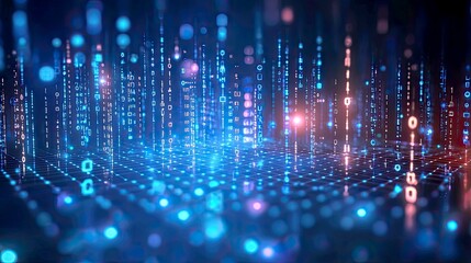 Abstract Digital Data Stream: Futuristic Technology Network Visualization.  A mesmerizing display of binary code and interconnected nodes, symbolizing the flow of information in the digital age.