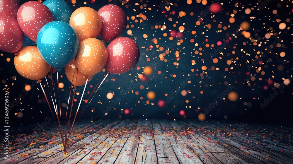 Poster a wide wooden floor with colorful balloons and confetti on a dark background.