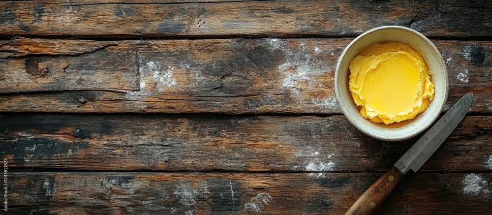 Poster Butter in White Bowl with Knife on Rustic Wooden Table and Empty Space for Text or Recipe Description