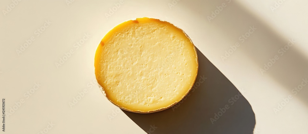Poster cheese wheel with a vibrant yellow rind isolated on a clean white background showcasing texture and 