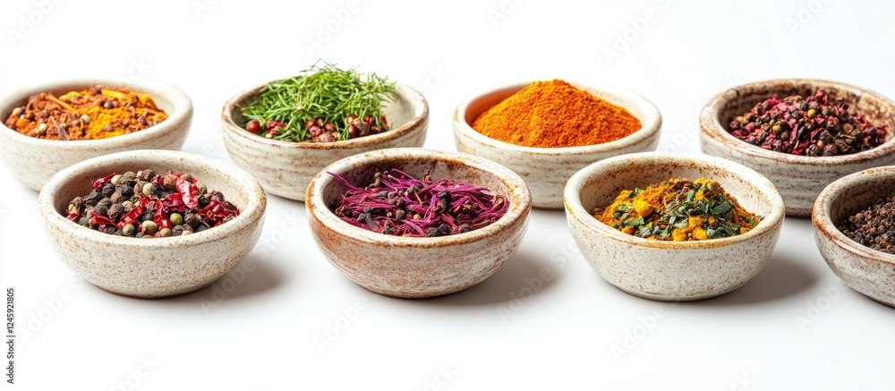 Poster aromatic spices in rustic bowls arranged on a white background showcasing vibrant colors and texture