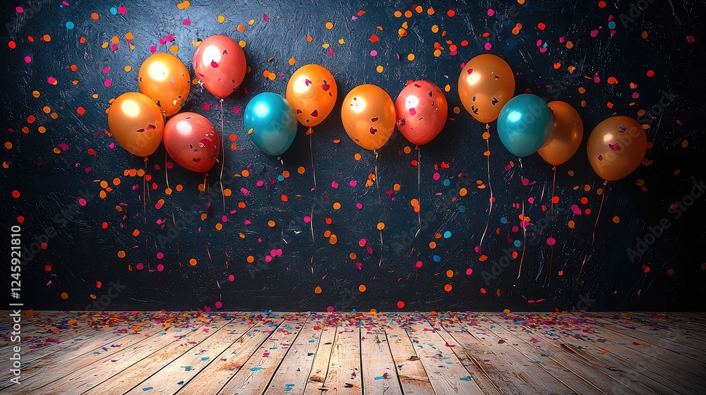 Poster a wide wooden floor with colorful balloons and confetti on a dark background.
