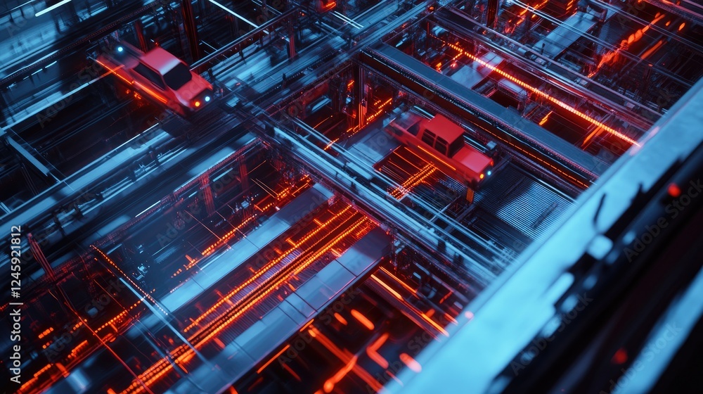 Aufkleber An overhead view of a conveyor system with autonomous carts in motion, showcasing the coordination of vehicles and the vibrant network signals pulsing in the background.
