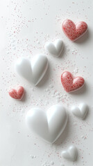 Valentine's Day concept with glossy hearts suspended in air and sparkling details.