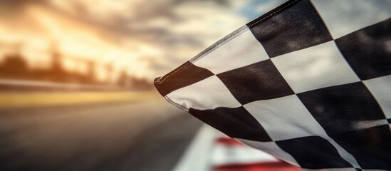 Dynamic checkered racing flag in motion at sunset on a blurred racetrack symbolizing speed and competition