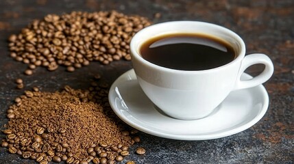 Fototapeta premium Aromatic Coffee: Rich, Dark Brew in a White Cup, Surrounded by Coffee Beans and Grounds