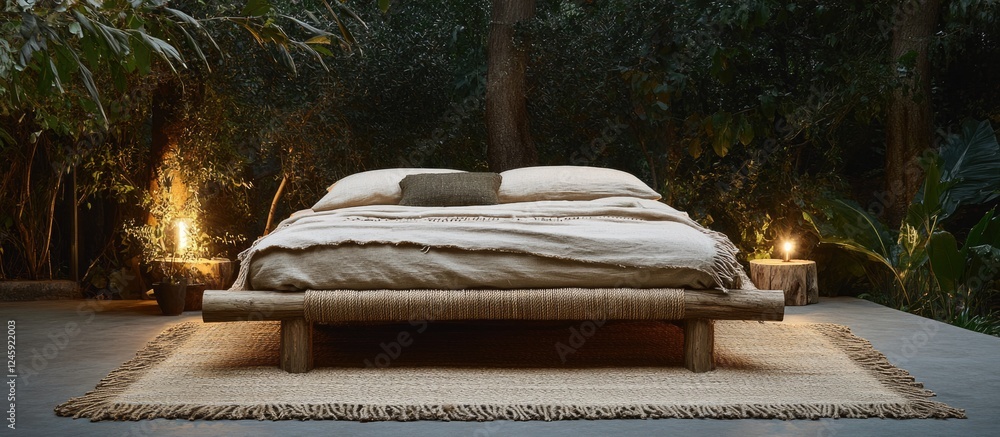 Aufkleber rustic charpoy bed set in serene outdoor setting with soft linens and ambient lighting, showcasing n