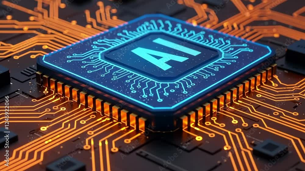 Poster a close-up of a futuristic ai microchip glowing with neon blue light embedded on a sleek black circu